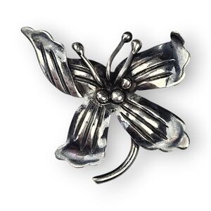 Vintage Orchid Brooch Silver Plated Flower Dimensional Oxidized Floral 1.25"